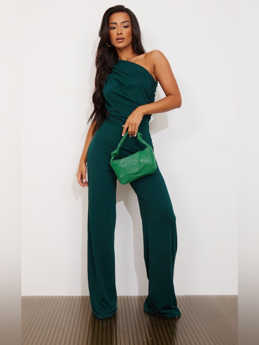 PrettyLittleThing One-Shoulder Emerald Green Wide-Leg Jumpsuit